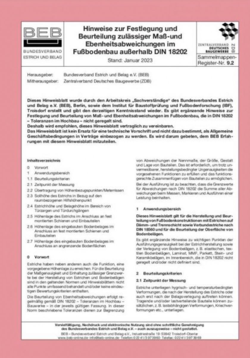 Arbeits- und Hinweisblatt zu Maß- und Ebenheitstoleranzen bleibt unverändert