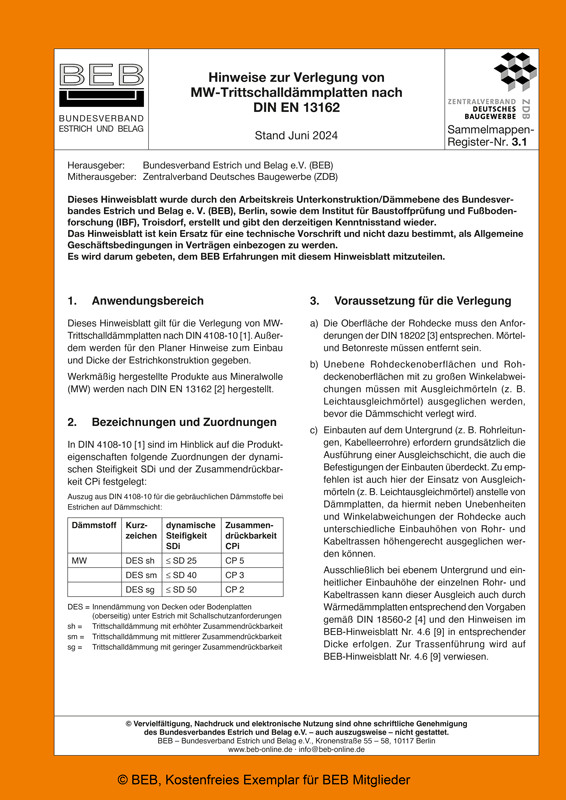 Hinweisblatt zur Verlegung von Trittschalldämmplatten aus Mineralwolle