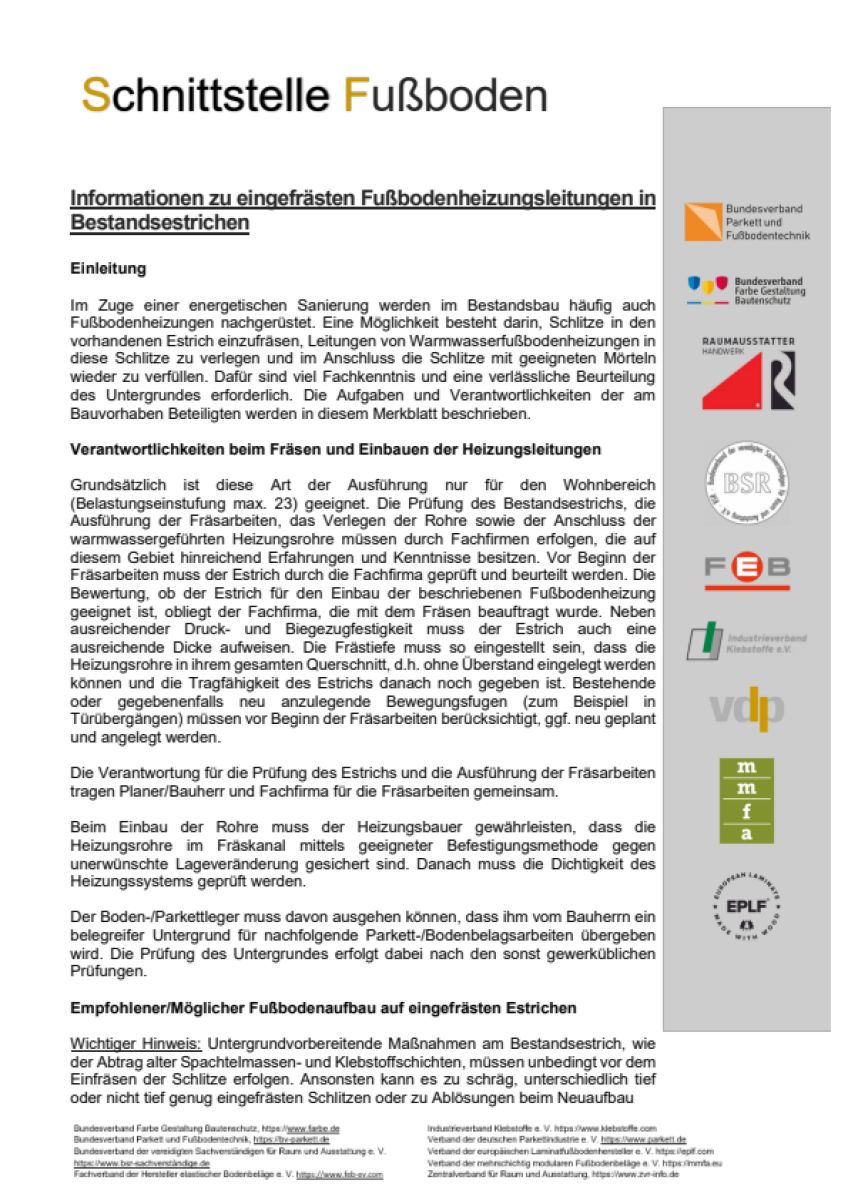 Schnittstelle Fußboden: Infos zu eingefrästen Heizungsrohrleitungen