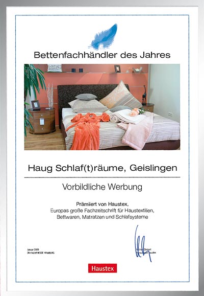 Haug Schlafträume-Bettenfachhändler Urkunde Haug Schlafträume