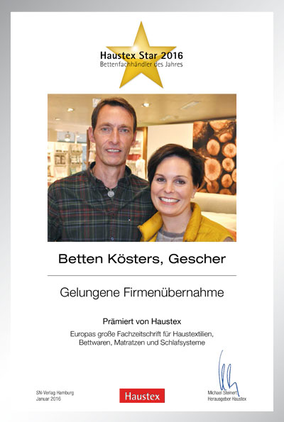 Betten Kösters-Bettenfachhändler Urkunde Betten Kösters