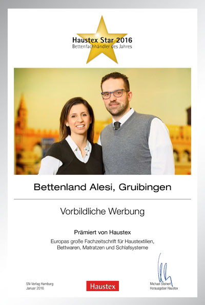 Bettenland Alesi-Bettenfachhändler Urkunde Bettenland Alesi