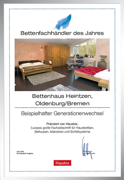 Bettenhaus Heintzen-Bettenfachhändler Urkunde Bettenhaus Heintzen