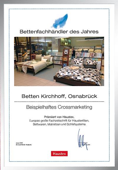 Betten Kirchhoff-Bettenfachhändler Urkunde Betten Kirchhoff