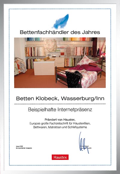 Betten Klobeck-Bettenfachhändler Urkunde Betten Klobeck
