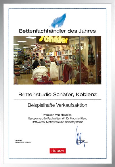 Bettenstudio Schäfer-Bettenfachhändler Urkunde Bettenstudio Schäfer