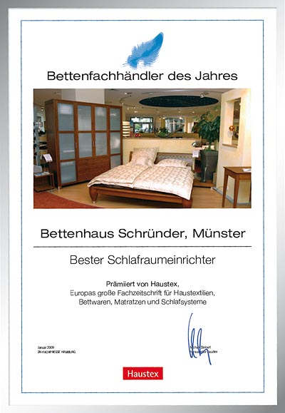 Bettenhaus Schründer-Bettenfachhändler Urkunde Bettenhaus Schründer