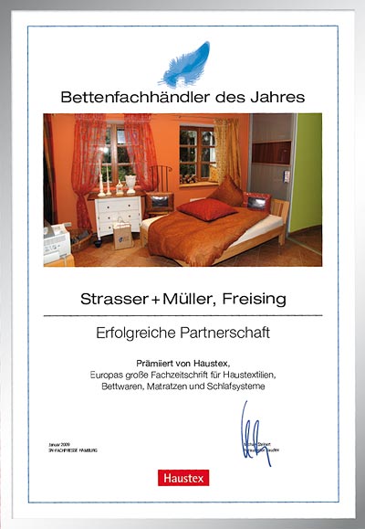 Schlafstudio Strasser & Müller-Bettenfachhändler Urkunde Schlafstudio Strasser & Müller