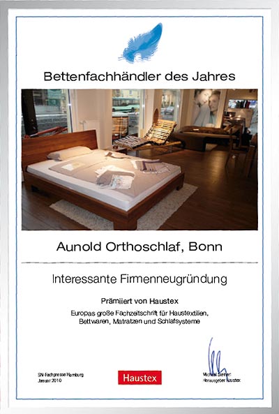 Aunold Orthoschlaf-Bettenfachhändler Urkunde Aunold Orthoschlaf