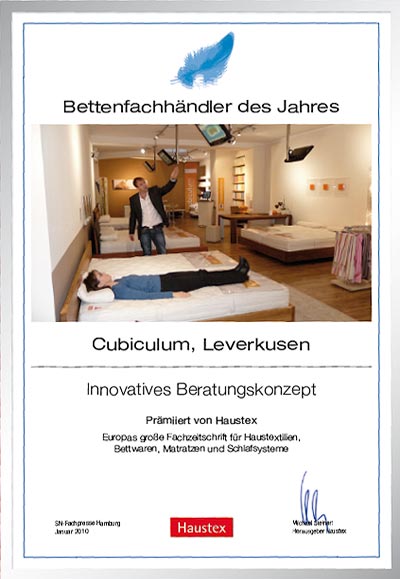Cubiculum-Bettenfachhändler Urkunde Cubiculum