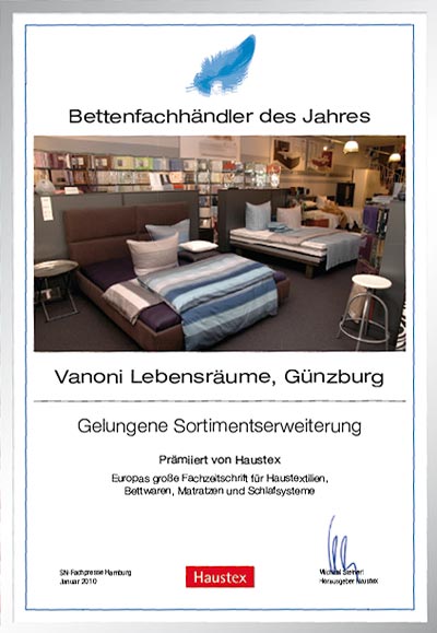 Vanoni Lebensräume-Bettenfachhändler Urkunde Vanoni Lebensräume
