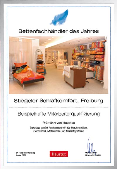 Stiegeler Schlafkomfort-Bettenfachhändler Urkunde Stiegeler Schlafkomfort