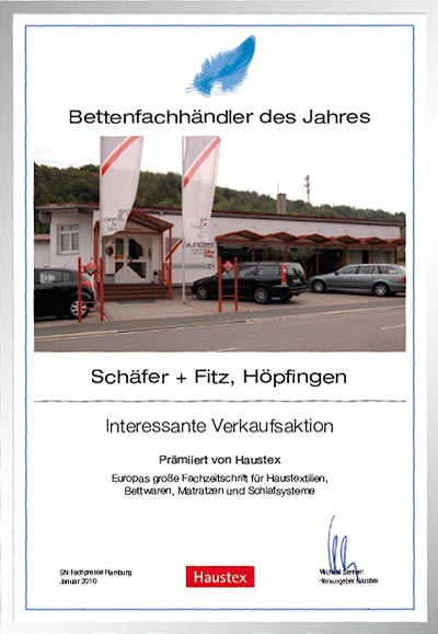Schäfer+Fitz-Bettenfachhändler Urkunde Schäfer+Fitz