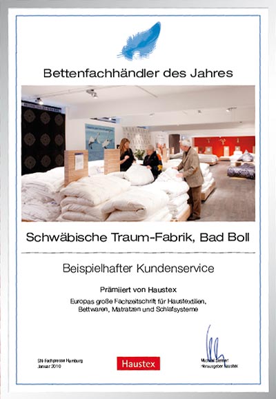 Schwäbische Traumfabrik-Bettenfachhändler Urkunde Schwäbische Traumfabrik
