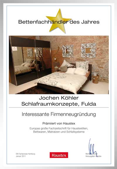Jochen Köhler Schlafraumkonzepte -Bettenfachhändler Urkunde Jochen Köhler Schlafraumkonzepte