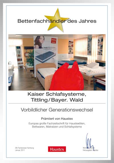 Kaiser Schlafsysteme-Bettenfachhändler Urkunde Kaiser Schlafsysteme