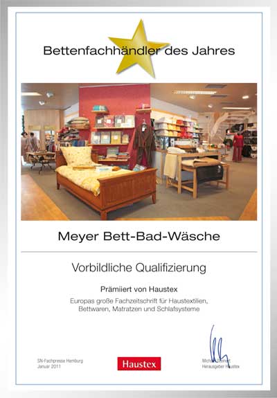 Meyer Bett-Bad-Wäsche-Bettenfachhändler Urkunde Meyer Bett-Bad-Wäsche