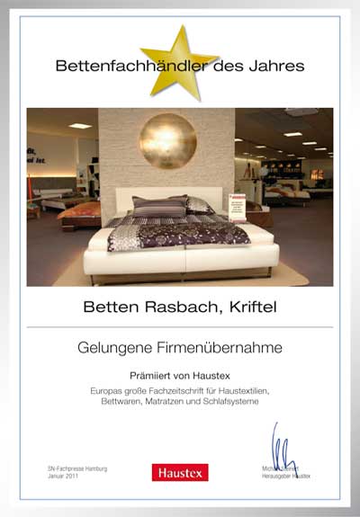 Traum Welt Bettenhaus Rasbach GmbH-Bettenfachhändler Urkunde Traum Welt Bettenhaus Rasbach GmbH