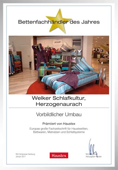 Welker Schlafkultur -Bettenfachhändler Urkunde Welker Schlafkultur