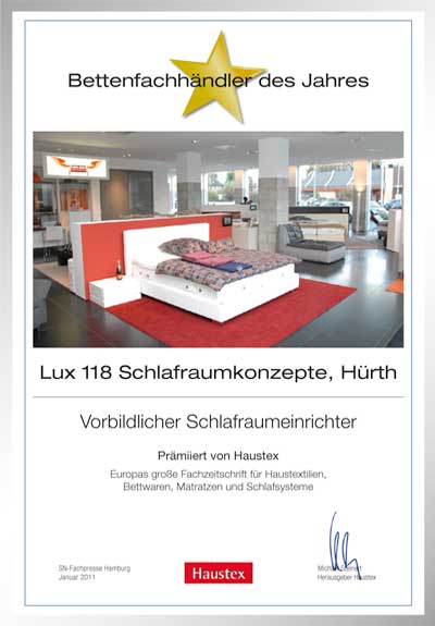 LUX118 Schlafraumkonzepte GmbH-Bettenfachhändler Urkunde LUX118 Schlafraumkonzepte GmbH