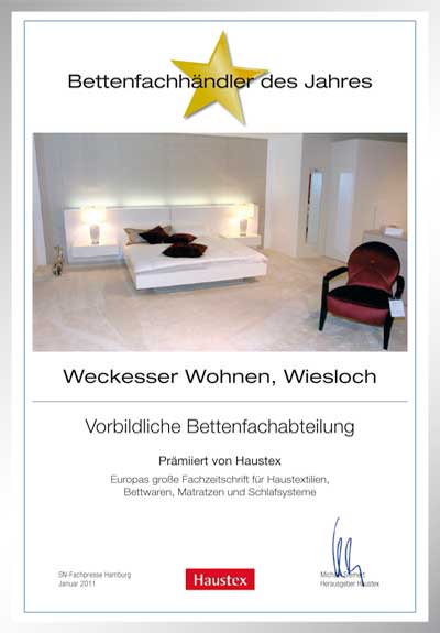 Weckesser Wohnen GmbH-Bettenfachhändler Urkunde Weckesser Wohnen GmbH