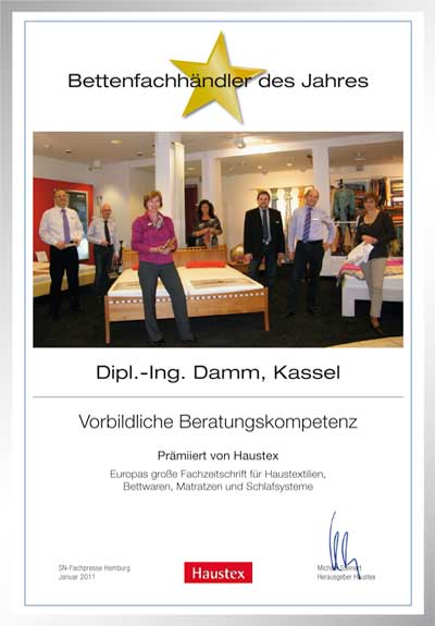 Dipl.-Ing. Jürgen Damm e.K.-Bettenfachhändler Urkunde Dipl.-Ing. Jürgen Damm e.K.