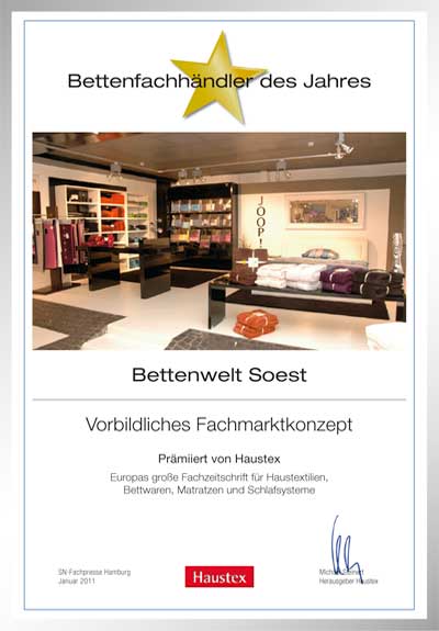 Bettenwelt Soest GmbH & Co KG-Bettenfachhändler Urkunde Bettenwelt Soest GmbH & Co KG