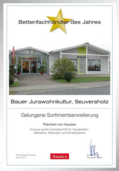 Bauer Jurawohnkultur GmbH-Bettenfachhändler Urkunde Bauer Jurawohnkultur GmbH