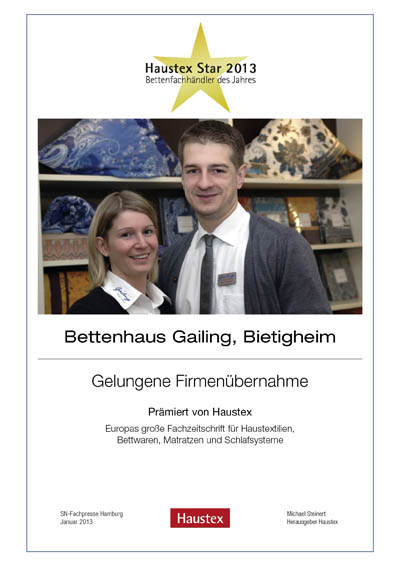 Bettenhaus Gailing-Bettenfachhändler Urkunde Bettenhaus Gailing