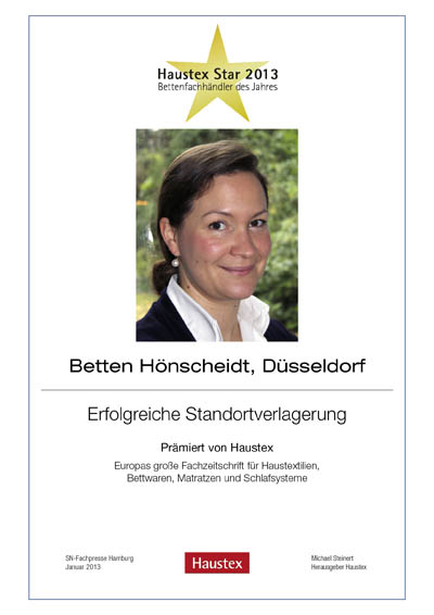 Betten Hönscheidt GmbH-Bettenfachhändler Urkunde Betten Hönscheidt GmbH