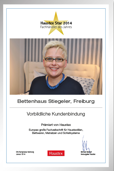 Bettenhaus Stiegeler-Bettenfachhändler Urkunde Bettenhaus Stiegeler