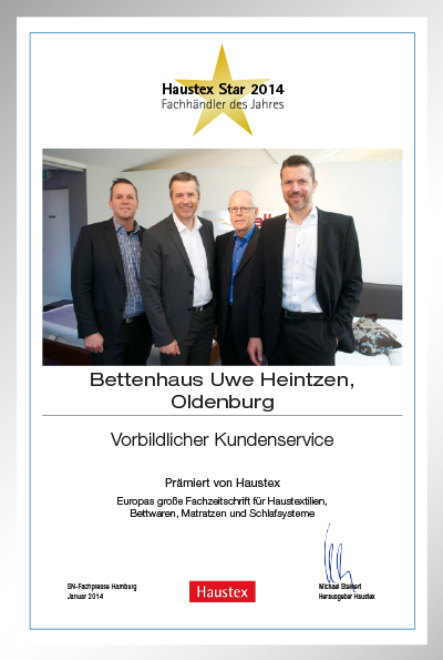 Bettenhaus Uwe Heintzen-Bettenfachhändler Urkunde Bettenhaus Uwe Heintzen