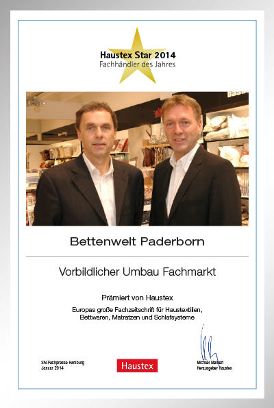 Bettenwelt Paderborn GmbH-Bettenfachhändler Urkunde Bettenwelt Paderborn GmbH