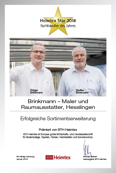 Brinkmann – Maler und Raumausstatter-Bettenfachhändler Urkunde Brinkmann – Maler und Raumausstatter
