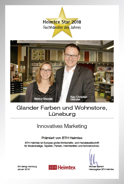 Glander Farben und Wohnstore-Bettenfachhändler Urkunde Glander Farben und Wohnstore