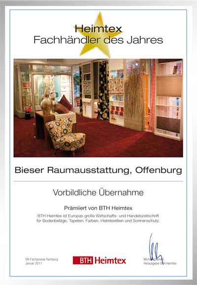 Bieser Raumausstattung - Wohnideen vom Spezialisten-Bettenfachhändler Urkunde Bieser Raumausstattung - Wohnideen vom Spezialisten