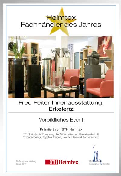 Fred Feiter Innenausstattung-Bettenfachhändler Urkunde Fred Feiter Innenausstattung