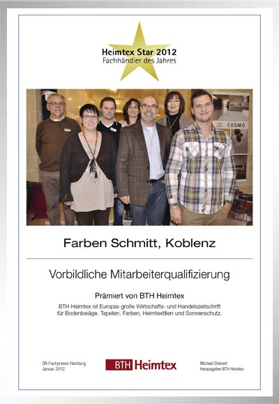Farben & Raumdesign Schmitt”-Bettenfachhändler Urkunde Farben & Raumdesign Schmitt”