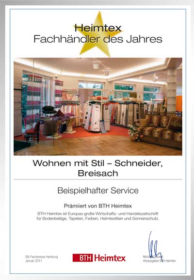 Wohnen mit Stil – Werner Schneider-Bettenfachhändler Urkunde Wohnen mit Stil – Werner Schneider