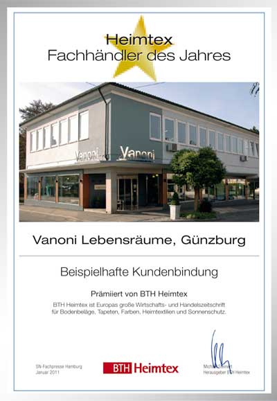 Vanoni Lebensräume GmbH-Bettenfachhändler Urkunde Vanoni Lebensräume GmbH
