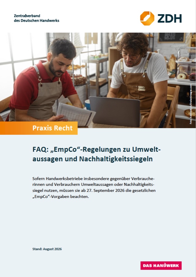 Zu den neuen EmpCo-Vorgaben hat der ZDH ein Merkblatt veröffentlicht. Download: www.zdh.de. ZDH und BVPF warnen vor Abmahnungen wegen Greenwashings