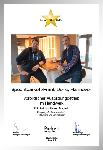 Frank Doric Parkettboden GmbH / Spechtparkett-Bettenfachhändler Urkunde Frank Doric Parkettboden GmbH / Spechtparkett