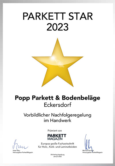 Popp Parkett + Bodenbeläge GmbH-Bettenfachhändler Urkunde Popp Parkett + Bodenbeläge GmbH