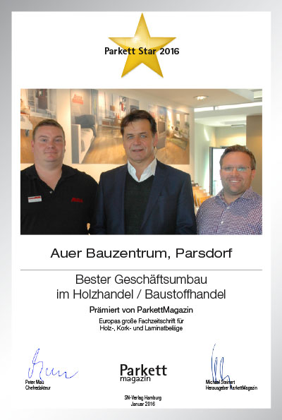 Auer Baustoffe GmbH & Co. KG-Bettenfachhändler Urkunde Auer Baustoffe GmbH & Co. KG