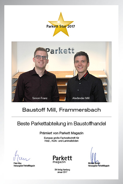 Baustoff Mill-Bettenfachhändler Urkunde Baustoff Mill